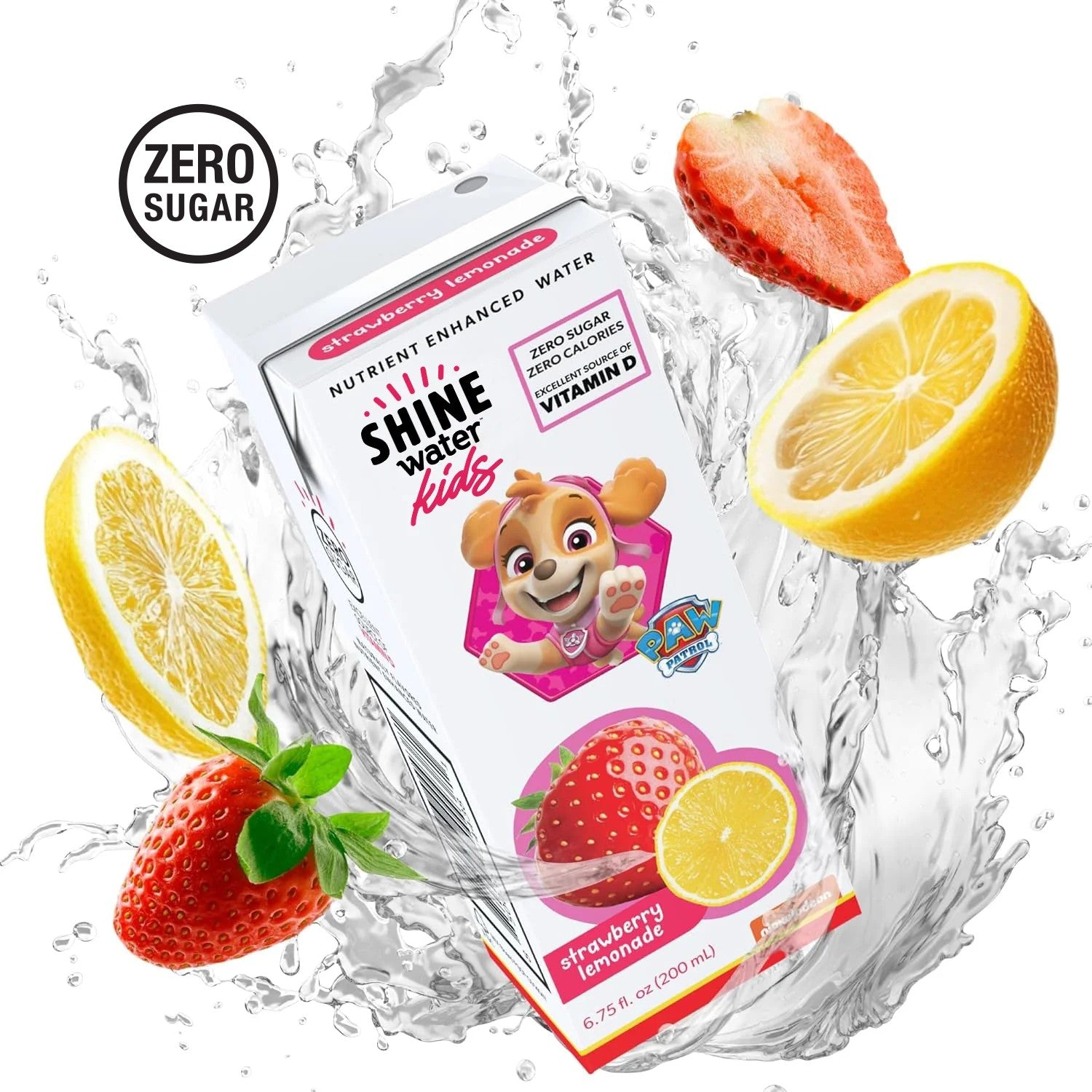 ShineWater Kids Strawberry Lemonade single drink box carton with fruit and water splash, zero sugar Vitamin D nutrient enhanced water