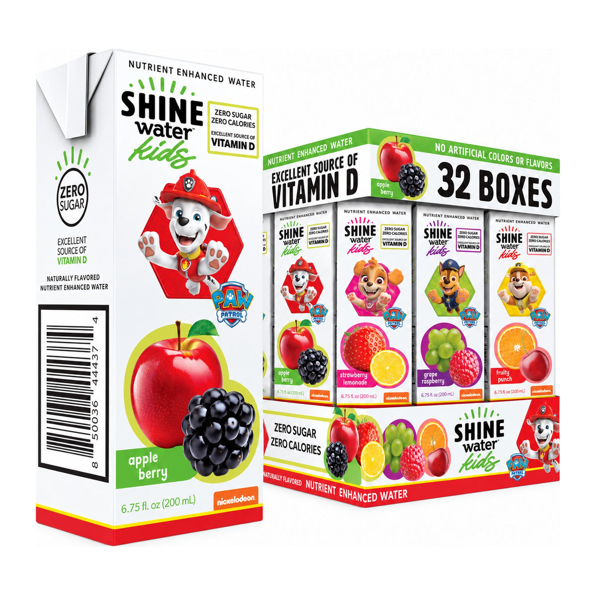 ShineWater Kids Variety Pack 32-count case with apple berry, strawberry lemonade, grape raspberry and fruity punch drink boxes, zero sugar excellent source of Vitamin D