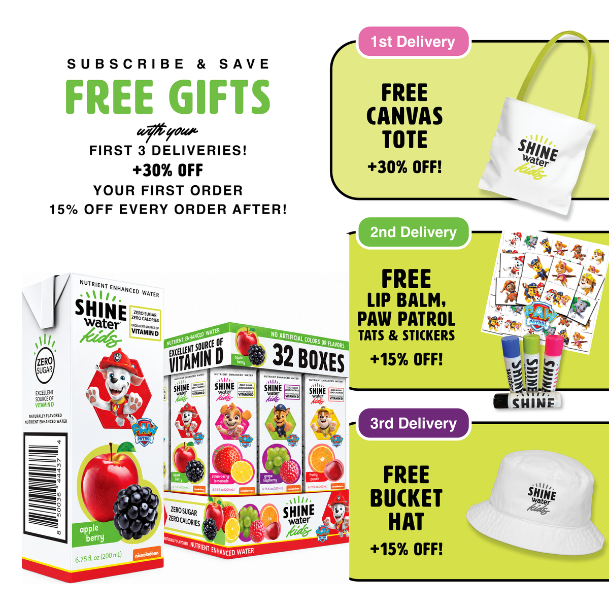 ShineWater Kids Variety Pack subscribe and save: first three deliveries come with a free canvas tote, lip balm with Paw Patrol tattoos and stickers, and a bucket hat