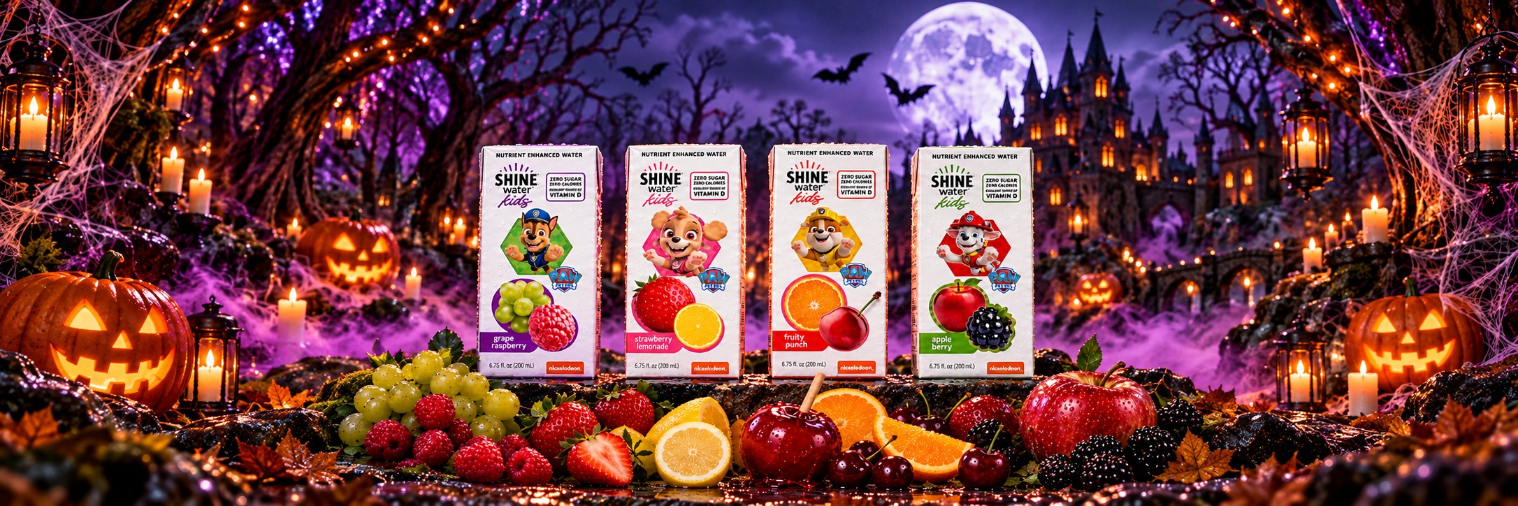 ShineWater Kids Halloween: all four Paw Patrol drink box flavors in a moonlit pumpkin patch